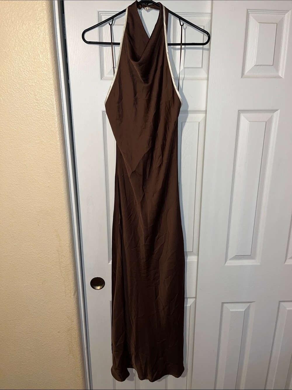 Zara Brown Halter Maxi Dress with Cream Trim